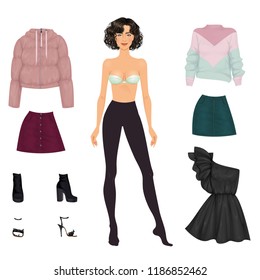 Beautiful Dress Up Female Paper Doll, Ready For Cut Out And Play. Vector Illustration.