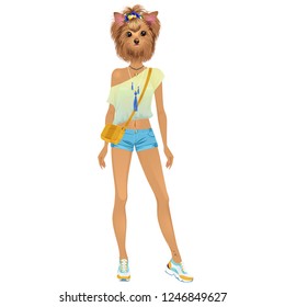 Beautiful dress up female paper doll, with Yorkshire Terrier head and human female body, ready for cut out and play. Vector illustration.