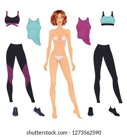 Beautiful dress up female paper doll, ready for cut out and play. Sportswear theme. Vector illustration.