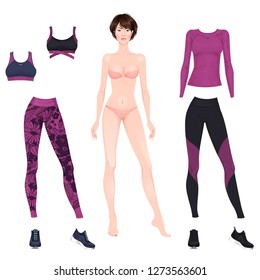Beautiful dress up female paper doll, ready for cut out and play. Sportswear theme. Vector illustration.