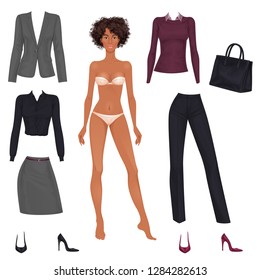 Beautiful dress up female paper doll, ready for cut out and play. Office style clothes theme. Vector illustration.