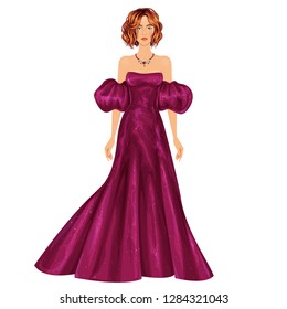 Beautiful dress up female paper doll, ready for cut out and play. Evening gowns' theme. Vector illustration.