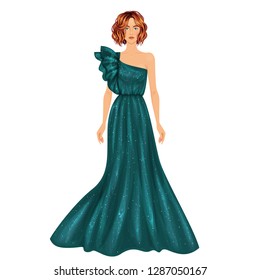 Beautiful dress up female paper doll, ready for cut out and play. Evening gowns' theme. Vector illustration.