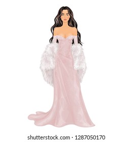 Beautiful dress up female paper doll, ready for cut out and play. Evening gowns' theme. Vector illustration.