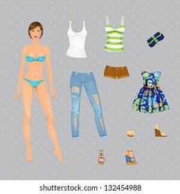 Beautiful dress up female paper doll, ready for cut out and play. vector illustration.
