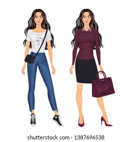 Beautiful dress up female paper doll, ready for cut out and play. Office and  casual style looks. Vector illustration. 
