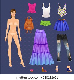 Beautiful dress up female paper doll, ready for cut out and play. vector illustration.