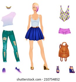 Beautiful Dress Up Female Paper Doll, Ready For Cut Out And Play. Vector Illustration. 