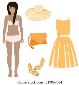 Beautiful dress up female paper doll, ready for cut out and play. vector illustration. Orange dress, handbag, shoes and summer hat.