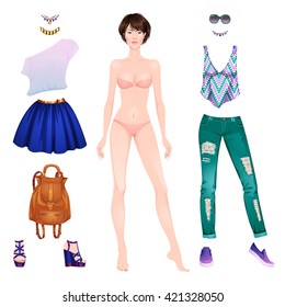 Beautiful dress up female paper doll, Asian lady, ready for cut out and play. Vector illustration.