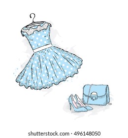 Beautiful dress, high heels shoes and clutch. Vintage illustration. Vector. Fashion & Style.