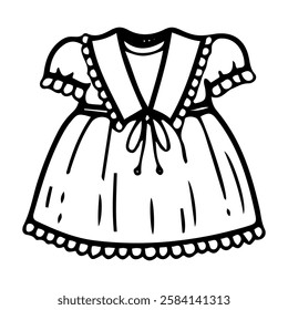 Beautiful dress with lace collar baby girl. Hand drawn doodle. Blouse with skirt. Festive clothes for little child. Childhood. Vector line art illustration.