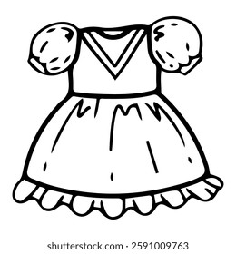 Beautiful dress with lantern sleeves of baby girl. Hand drawn doodle. Blouse with skirt. Festive clothes for little child. Childhood. Vector line art illustration.