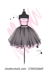 A beautiful dress with a lush skirt. Clothes on a mannequin. Vintage outfit for the girl. Vector illustration. Fashion, style, clothing and accessories.
