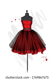 A beautiful dress with a lush skirt. Clothes on the mannequin. Vintage outfit for the girl. Vector illustration. Fashion, style, clothing and accessories.
