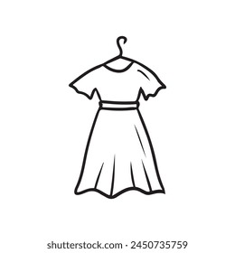 Beautiful dress on the hanger in shopwindow in black isolated on white background. Hand drawn vector sketch illustration in doodle engraved line art vintage style. Fashion, style, shopping.