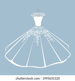 A beautiful dress on a hanger for a wedding, evening or prom. Beauty and fashion. Background vector illustration template for invitation, flyer or card.