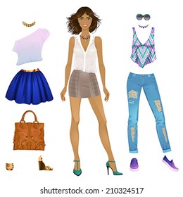 Beautiful dress up paper doll - black woman, ready for cut out and play. vector illustration. 