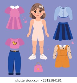 Vetor do Stock: Vector set: hand drawn paper doll young woman with