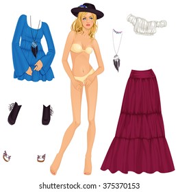 Beautiful dress up paper doll, boho-chic, ready for cut out and play. vector illustration.