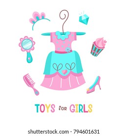Beautiful dress for the Princess. Vector clipart. Toy accessories for girls. Isolated on a white background.