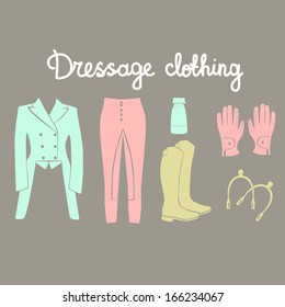 Beautiful dressage clothes set made in vector. Perfect equestrian gear drawn in blue, yellow and red colors.