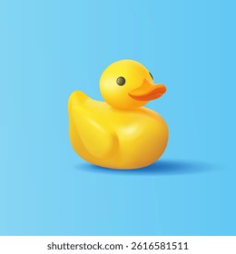 Beautiful duckling on the water, 3D. Yellow duck is swimming on the water. Bird swimming in the river, pool, or bathtub. Icon. Vector illustration.