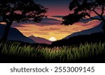 Beautiful dusk landscape at mountain with grass and trees