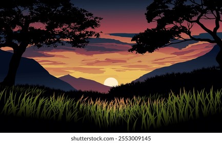 Bela paisagem anoitecer na montanha com grama e árvores