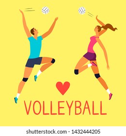 Beautiful dynamic man and woman volleyball players. Love volleyball title. Sport and healthy lifestyle illustration for your design.