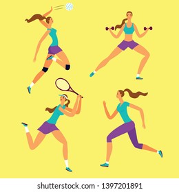 Beautiful dynamic woman doing sport exersises. Set of different kinds of sport: volleyball, tennis, fitness, run. Sport and healthy lifestyle illustration for your design.