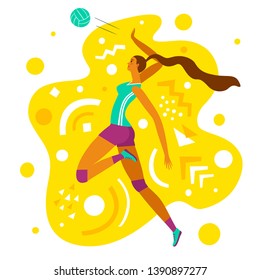 Beautiful dynamic woman volleyball player on decorative background. Sport and healthy lifestyle illustration for your design.