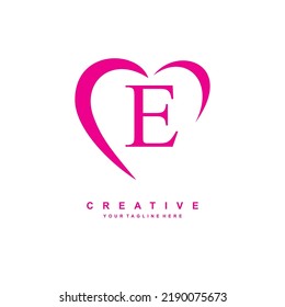 beautiful E logo design with pink love. letter E logo with heart. beauty logos. suitable for product promotion, business marketing, etc