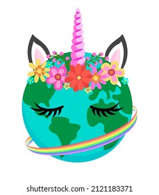 Beautiful Earth unicorn for Earth Day, Unicorn head with flower crown, Unicorn Face. Illustration for card and shirt design for Mother Earth Day decoration.