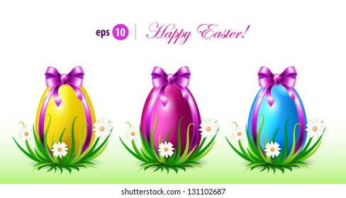 Beautiful Easter Background  with colorful Easter eggs  in the young green grass. Vector Illustrator.