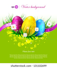 Beautiful Easter Background  with colorful Easter eggs  in the young green grass. Vector Illustrator.