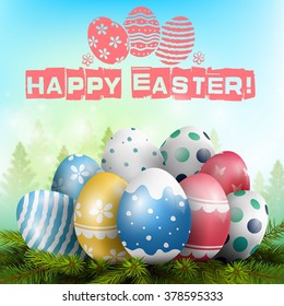 Beautiful Easter background with colorful eggs on the pine trees.Vector