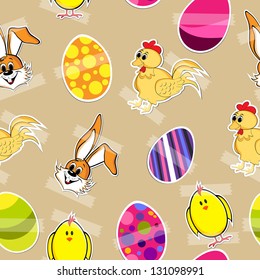 Beautiful Easter background with decorated eggs, bunny and little chicks..