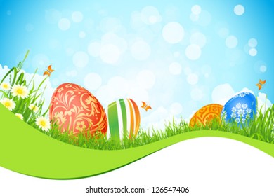 Beautiful Easter Background with Flowers Grass Clouds and Butterfly