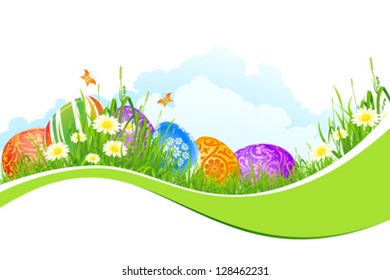 Beautiful Easter Background with Flowers Grass Clouds and Butterfly