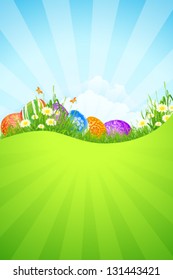 Beautiful Easter Background with Flowers Grass Clouds and Rays