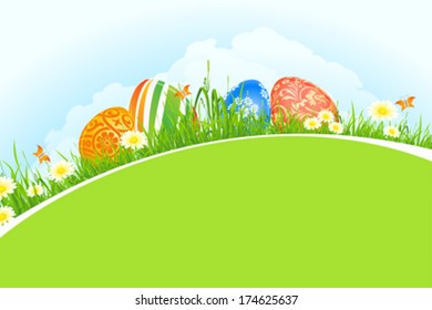 Beautiful Easter Background with Flowers Grass Clouds and Butterfly