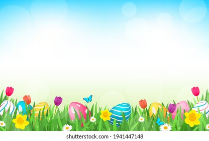 Beautiful Easter Background vector illustration. Easter Eggs, Tulips, Daisy and Daffodil flowers on spring meadows background with copy space