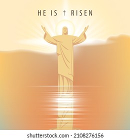 Beautiful Easter banner or greeting card with Jesus Christ walking on the water with outstretched arms. Religious vector illustration in beige colors with the Son of God and the words He is risen