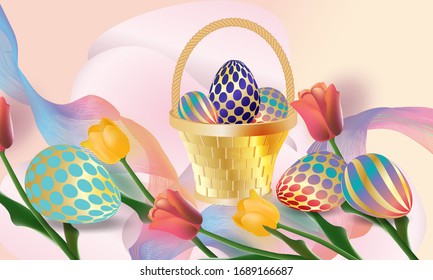 Beautiful Easter basket with colorful eggs and beautiful colorful spring flowers tulip. Vector illustration