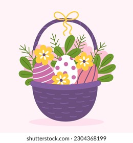 Hermosa cesta de Pascua con flores y huevos. Flores retro. Fondo blanco. Hermosa ilustración de fondo de primavera. Patrón de flores. Feliz Pascua.