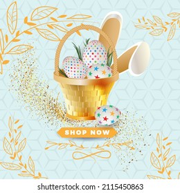 Beautiful Easter basket with  hearts. Vector illustration.