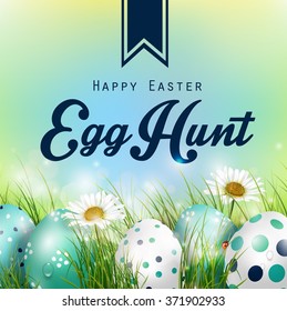 Beautiful Easter blue green Background with flowers and colorful eggs in the grass.Vector