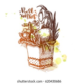 Beautiful easter box with easter eggs in green grass and spring flowers. Hand drawn sketch. With a gradient from brown to yellow. Against a background of green and yellow splashes.