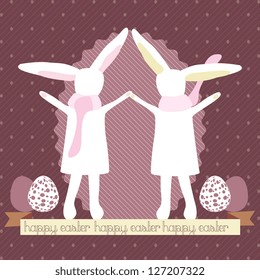 Beautiful Easter Bunnies holding hands, Vector illustration